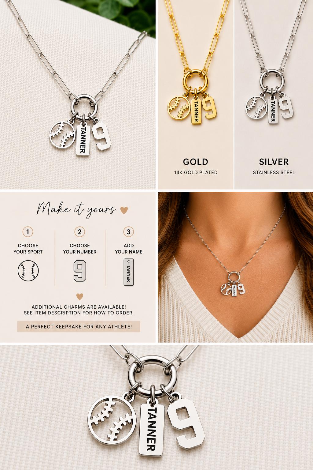Personalized Baseball Charm Necklace, Sports Mom Game Day Gift