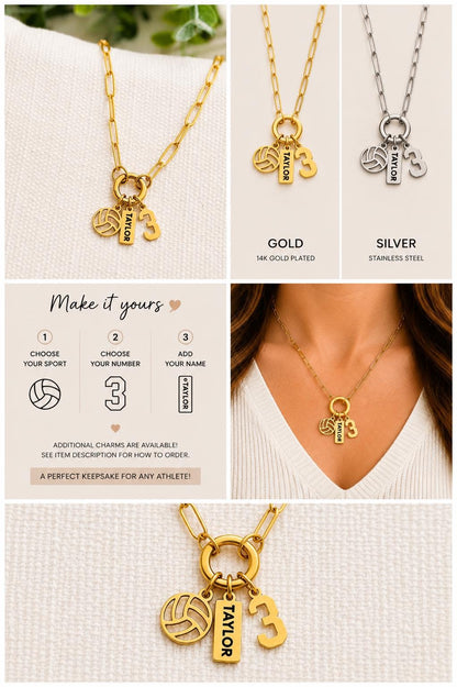 Personalized Volleyball Charm Necklace, Sports Mom Game Day Gift