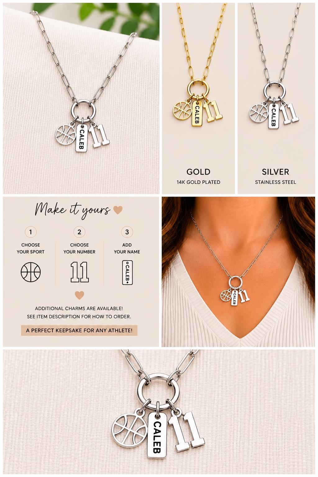 Personalized Basketball Charm Necklace, Sports Mom Game Day Gift